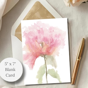 Hand-painted watercolor abstract  card featuring a pink peony styled with a gold pen and a gold lined envelope on linen, including a 5 x 7 blank card badge.
