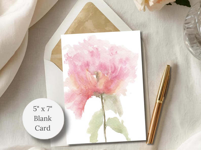 Hand-painted watercolor abstract  card featuring a pink peony styled with a gold pen and a gold lined envelope on linen, including a 5 x 7 blank card badge.