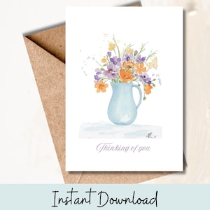 Bouquet de fleurs aquarelle en pensant à vous, carte de correspondance, papeterie botanique peinte à la main imprimable pour la sympathie juste parce que ou cadeau pour un ami