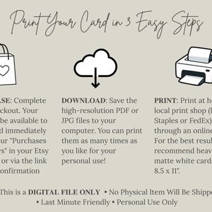 Pu&ograve; includere: Un grafico informativo intitolato Print Your Card in 3 Easy Steps. Presenta icone di una borsa della spesa, un download cloud e una stampante. Il testo spiega i passaggi: PURCHASE, DOWNLOAD e PRINT. Specifica che si tratta di un DIGITAL FILE ONLY.