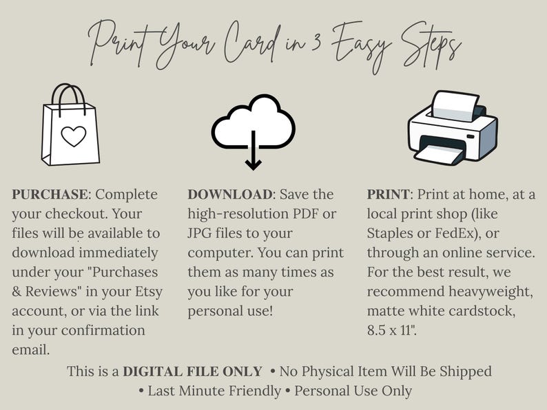 Pu&ograve; includere: Un grafico informativo intitolato Print Your Card in 3 Easy Steps. Presenta icone di una borsa della spesa, un download cloud e una stampante. Il testo spiega i passaggi: PURCHASE, DOWNLOAD e PRINT. Specifica che si tratta di un DIGITAL FILE ONLY.