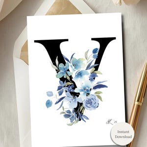 Floral Monogram Letter V Card Watercolor Initial Personalized Birthday Card Printable Flower Stationery Digital Download Folded Note