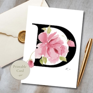 Bloemenmonogramkaart met de letter D, aquarel initialen, gepersonaliseerde verjaardagskaart, printbaar bloemenbriefpapier, digitale download, gevouwen notitie