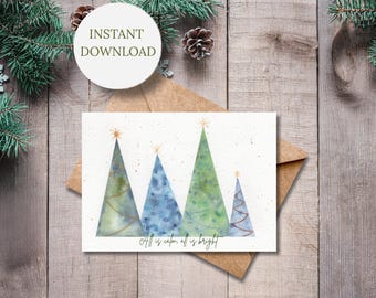 Biglietto di Natale ad acquerello, stampabile, con albero di Natale stravagante, cancelleria, download istantaneo, design festivo, auguri per le vacanze