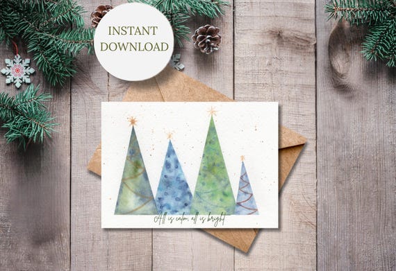 Watercolor Christmas Card Printable Whimsical Christmas Tree Stationery Instant Download Festive Design Holiday Greeting