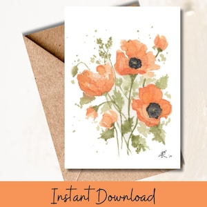 Cartão de felicitações com papoulas laranja em aquarela, cartão de notas florais para impressão, em branco, com arte botânica, papelaria para aniversário, condolências, agradecimento
