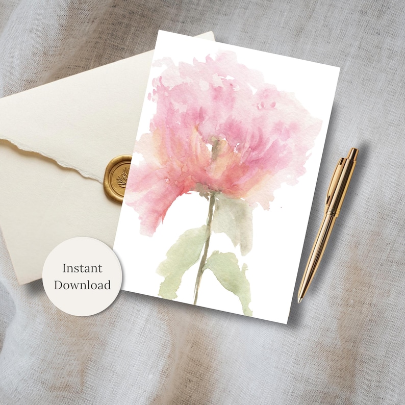 Hand-painted watercolor abstract  card featuring a pink peony styled with a gold pen and wax-sealed envelope on linen, including an Instant Download badge.