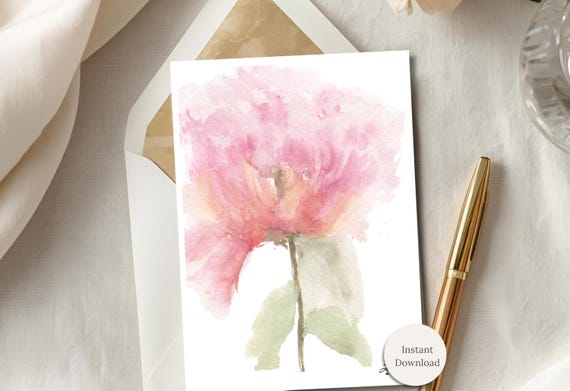 Printable Watercolor Peony Note Card Floral Art Stationery Birthday Anniversary Just Because Instant Download