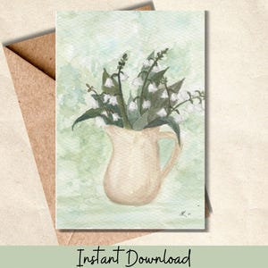 Cartão de aniversário de maio em estilo vintage para impressão, aquarela, lírio do vale, flor do mês de nascimento, cartão para um amigo especial, download instantâneo