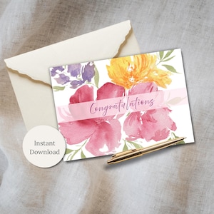 Tarjeta de felicitación digital, acuarela abstracta floral, tarjeta de felicitación para ella, imprimible, papelería floral pintada a mano, saludo femenino