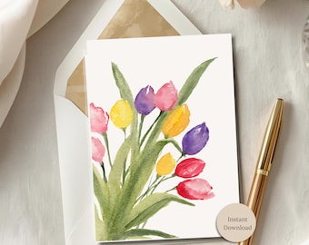 Druckbare Thinking of You Karte Aquarell Tulpe Briefpapier Digital Download