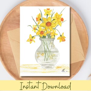 Aquarel narcissenkaart maart verjaardag afdrukbare bloemengroet voor moeder, vriend of zus, geboorte Flower Art