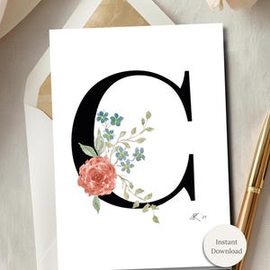 Tarjeta de notas con monograma floral moderno pintado a mano, imprimible, inicial de acuarela, 5x7, plegada, descarga instantánea, letra C, papelería personal
