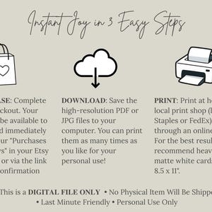 Step-by-step guide for digital card downloads titled Instant Joy in 3 Easy Steps, featuring minimalist  icons for Purchase, Download, and Print