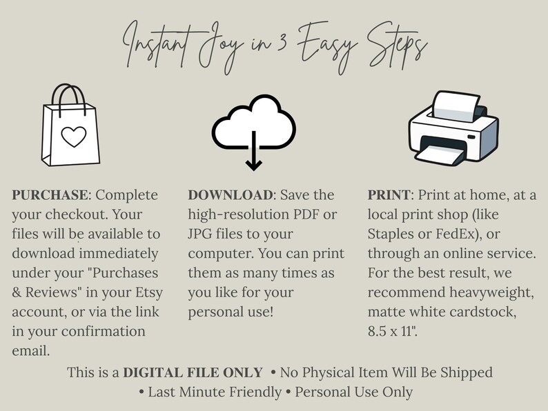 Step-by-step guide for digital card downloads titled Instant Joy in 3 Easy Steps, featuring minimalist  icons for Purchase, Download, and Print