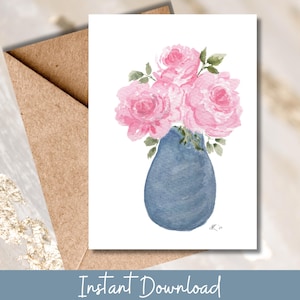 Tarjeta de acuarela imprimible con arte floral vintage y rosas rosadas. Tarjeta de felicitación con flores para cualquier ocasión.