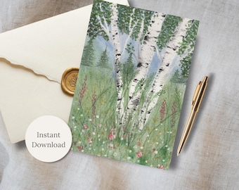 All Occasion Card Printable Watercolor Birch Tree Landscape Notecard Hand Painted Nature Stationery Digital Download Curated Art Card Set