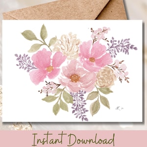 Druckbare Aquarell Blumen Gruß Karte Rosa und Lavendel Wunderliche Blumenstrauß Landschaft 200x20 Karte für jeden Anlass Sofort Download