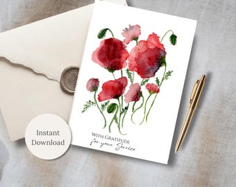 Wydrukowana kartka z podziękowaniami, akwarelowe maki, patriotyczny papier firmowy dla weteranów, pomysł na prezent na emeryturę, kartka z okazji Dnia Pamięci, natychmiastowe pobranie