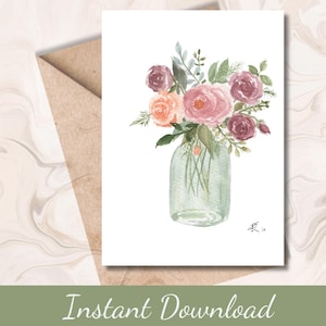 Cartão de felicitações com flores para o mês de nascimento de junho para impressão, aquarela de rosas em um jarro para presente de aniversário ou arte emoldurada para download instantâneo