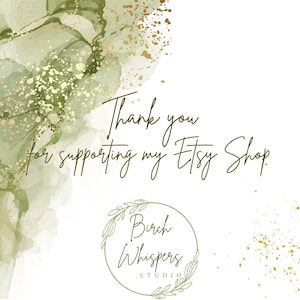 Birch Whispers Studio brand appreciation page with a soft green watercolor background, paint palette icon, and logo thanking the customer.