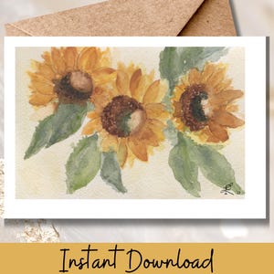 Printable Watercolor Sunflower Card Blank Floral Note Card for Birthday Sympathy Thinking of You Encouragement or Just Because