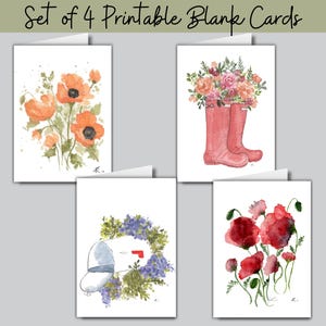 Lot de 4 cartes de voeux imprimables, florales aquarelles, cartes de correspondance pour toutes les occasions, anniversaire, sympathie, guérison ou simplement parce que