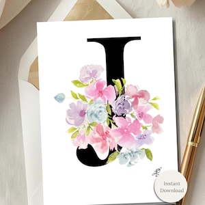 Tarjeta con monograma floral con la letra J, inicial en acuarela, tarjeta de cumpleaños personalizada, papelería floral imprimible, descarga digital, nota plegada