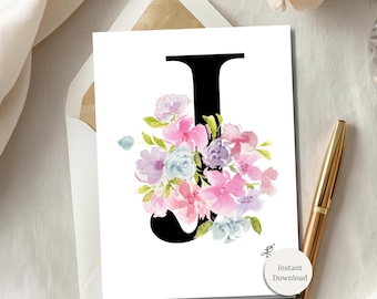 Floral Monogram Letter J Card Watercolor Initial Personalized Birthday Card Printable Flower Stationery Digital Download Folded Note