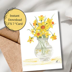 Cartão de aniversário de narciso em aquarela, cartão de felicitações com flores de nascimento de março