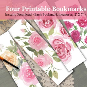 Marcapáginas con rosas de acuarela, imprimible, para club de lectura, descarga en PDF
