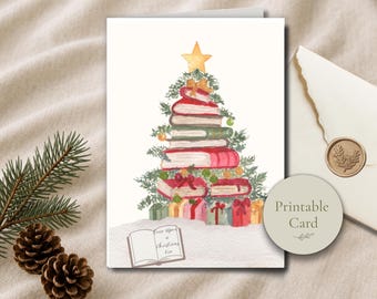 Biglietto di auguri natalizio a tema libro, download digitale stampabile, design letterario, illustrazione di albero di Natale, regalo per lettori delle vacanze, ringraziamento per gli insegnanti.