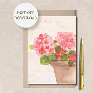 Puede incluir: Pintura a la acuarela de geranios rosas en una maceta marrón sobre una tarjeta de felicitación. La tarjeta tiene un sobre beige y un bolígrafo dorado. Las palabras "INSTANT DOWNLOAD" están en un círculo blanco.