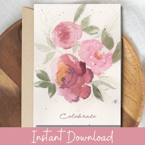 Tarjeta de celebración imprimible con diseño floral vintage de acuarela, peonía rosa, descarga digital, para bodas, cumpleaños, aniversarios y ocasiones especiales.