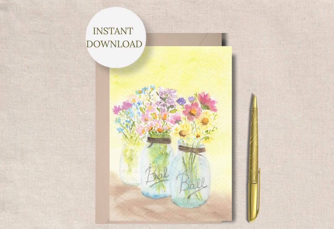 Watercolor Wildflower Printable All Occasion Mason Jar Greeting Card ...