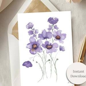 Tarjeta imprimible en blanco con acuarela, tarjeta floral digital, descarga instantánea, papelería