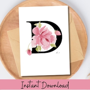 Aquarell Monogramm druckbare Anfang D Hinweis Karte für Briefpapier oder Gestaltung Herunterladbare Kunstdruck für Geschenk oder Haus alle Anlass Karte