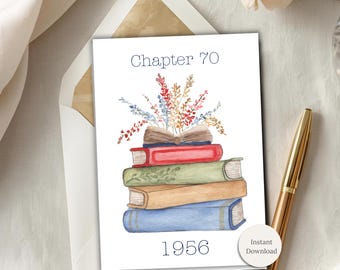 Biglietto d'auguri digitale per il 70° compleanno, libro a tema, celebrazione, traguardo, stampabile, disegno floreale ad acquerello, regalo letterario