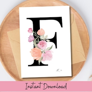 Afdrukbare bloemenmonogramkaart Letter F Elegante eerste kaart met aquarelbloemen voor verjaardag Bedankt huwelijksverjaardag elke gelegenheid