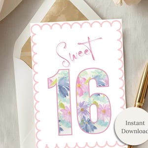 Watercolor Floral Sweet Sixteen Card Printable Birthday Greeting Milestone Teen Girl Celebration