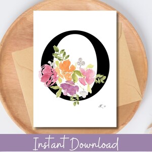Druckbare Aquarell Monogramm ""O "" Karte Floral Buchstabe O Glückwunschkarte für die Graduierung neuer Job Ruhestand oder jeden Anlass