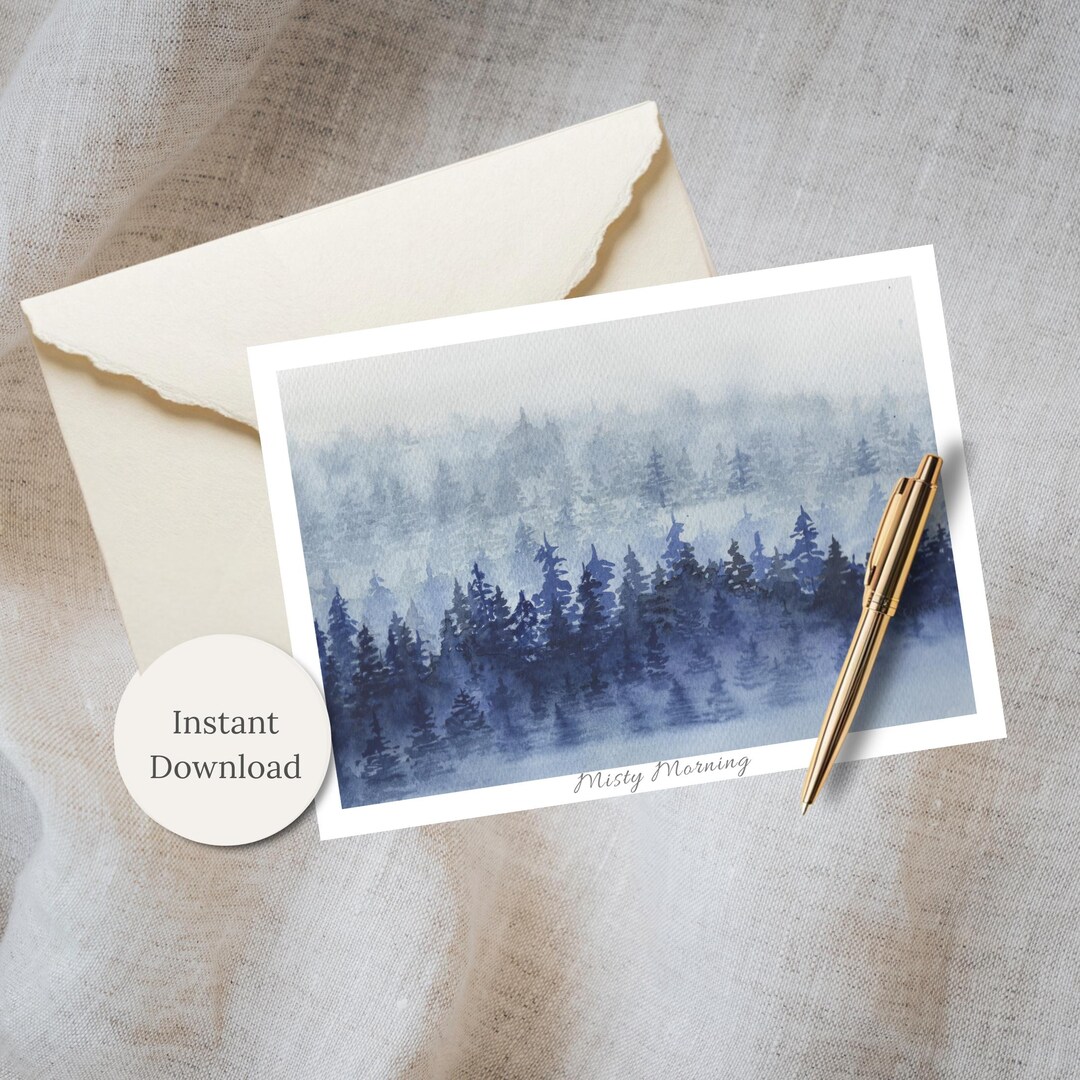 Printable Watercolor Forest Landscape Card All Occasion Blank Greeting ...