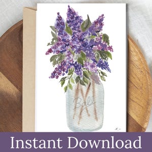 Printable Lilac Card Watercolor Flowers in Jar Blank Inside Frameable Art Mother's Day Birthday Thank You Thinking of You