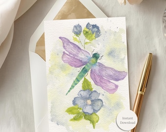 Printable Watercolor Dragonfly Note Card Floral Art Stationery Birthday Anniversary Just Because Instant Download