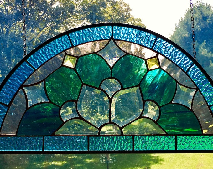 Half Round Arched Peacock Colored Bevel Cluster Hanging Stained Glass Window Panel 22.5x11.5 Etsy