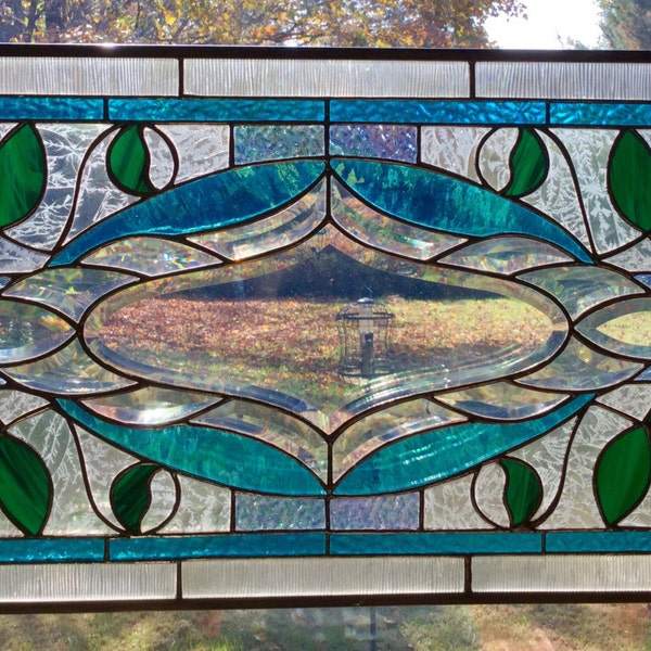 stained glass "Tranquility" bevel cluster art nouveau hanging stained glass transom window panel 17.5"x29"