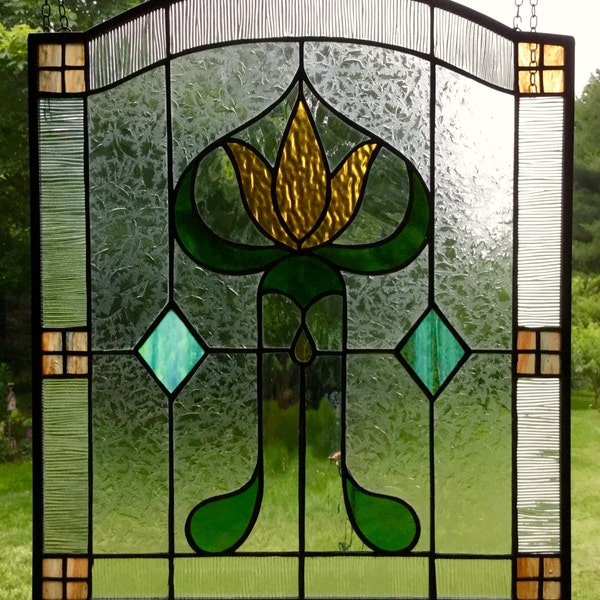Craftsman missions stained glass window panel arts and crafts bunglow hanging amber tulip floral