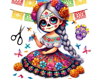 May include: A colorful illustration of a girl in a traditional dress, adorned with floral decorations and sugar skull face paint. She is holding scissors and cutting out paper decorations, with a garland of papel picado overhead. Butterflies and marigolds complete the festive scene.