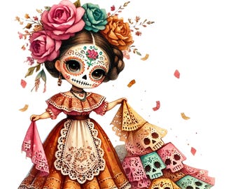 May include: A whimsical illustration of a Day of the Dead doll. The doll wears a floral crown, a decorated face, and a traditional dress. She holds a pink scarf and a cascade of colorful skull-shaped paper cutouts.