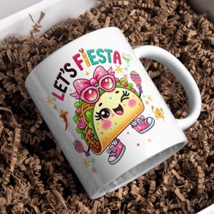 Cute kawaii taco character wearing pink sunglasses and bow holding colorful maracas with “Lets Fiesta” text above, festive Cinco de Mayo themed illustration with confetti, flowers and party elements, vibrant cartoon style design centered on transparent background for sublimation shirts, stickers, tumblers and fiesta party decorations.